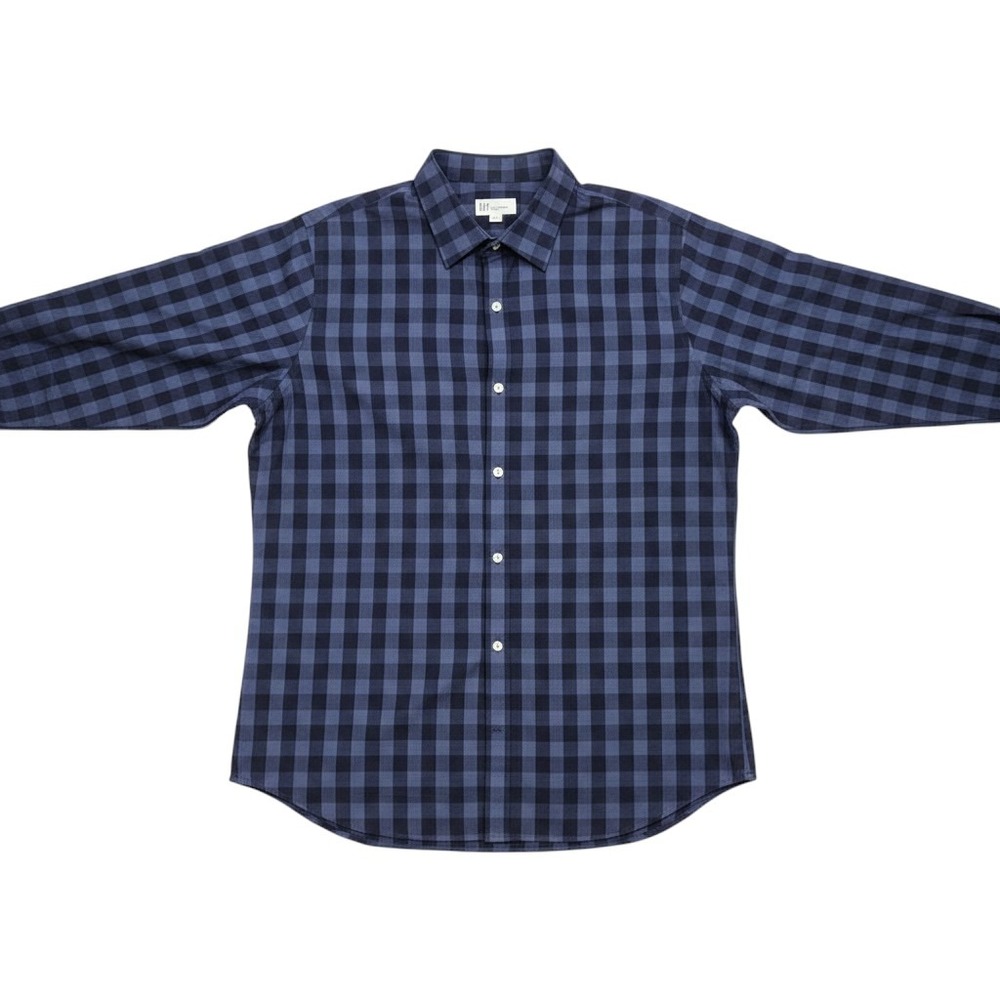 Gap Mens Slim Fit Non-Iron Stretch Shirt Large Blue Navy Buffalo Check Plaid